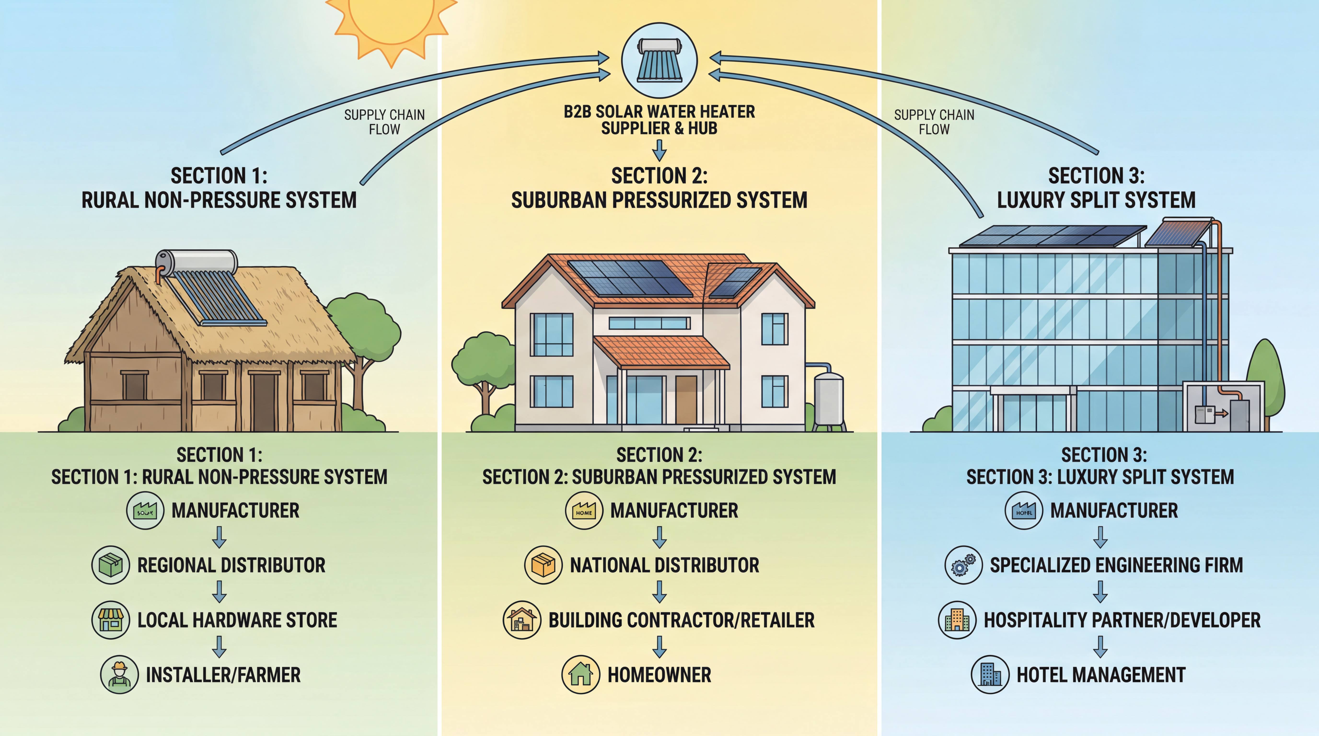 B2B solar water heater distribution map for rural non-pressure, suburban pressurized and luxury split system markets